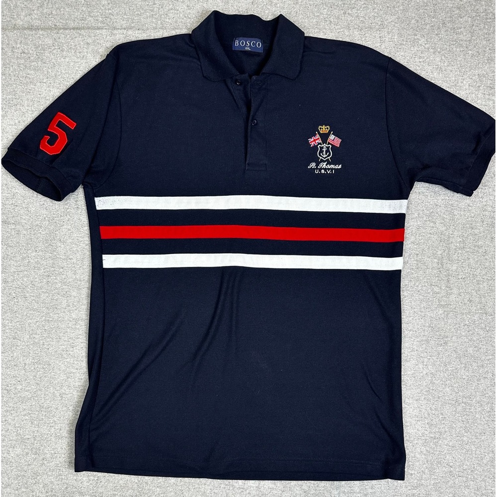 Bosco Polo Shirt Mens XXL Navy St Thomas USVI Embroidery Nautical Stripe 5 Patch